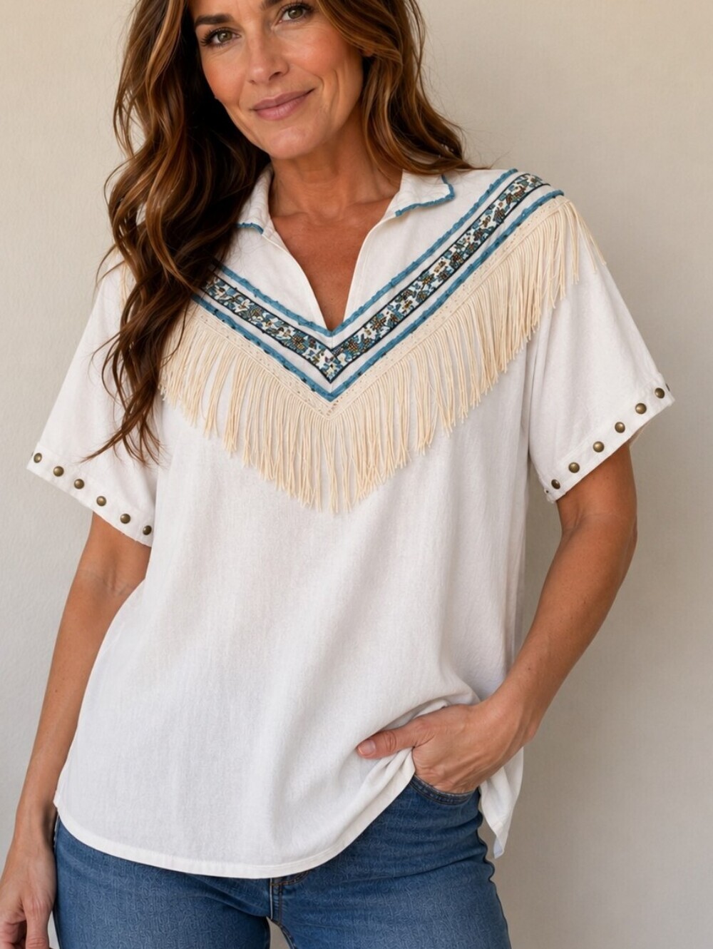 VTG 1980s JERZEES Boho Southwestern Fringe Brocade Studded Festival Blouse